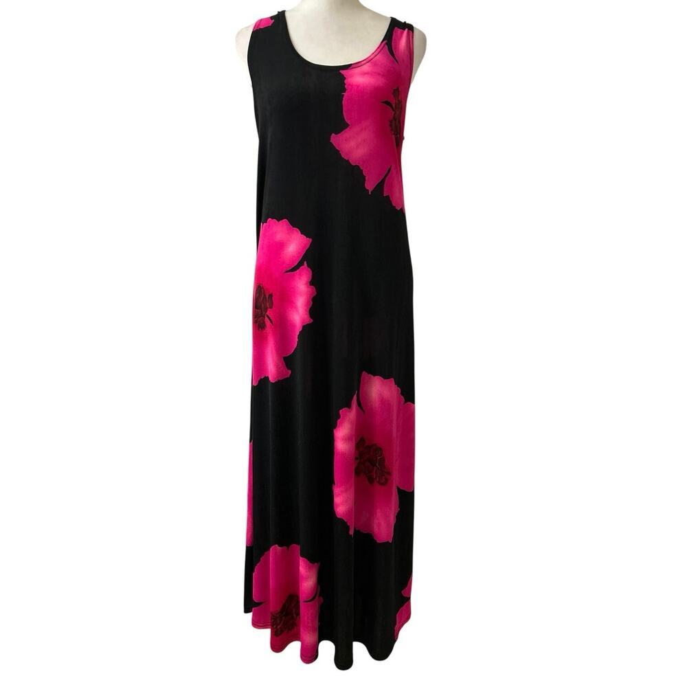 ALI Vintage Black Pink Floral Slinky Knit Sleeveless Maxi Dress Summer Travel M